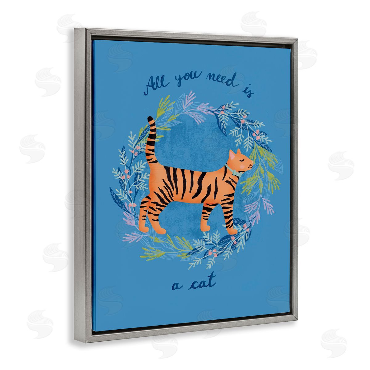 Metka Hiti Orange Cat on Wreath Gray Floating Frame Canvas Wall Art Print