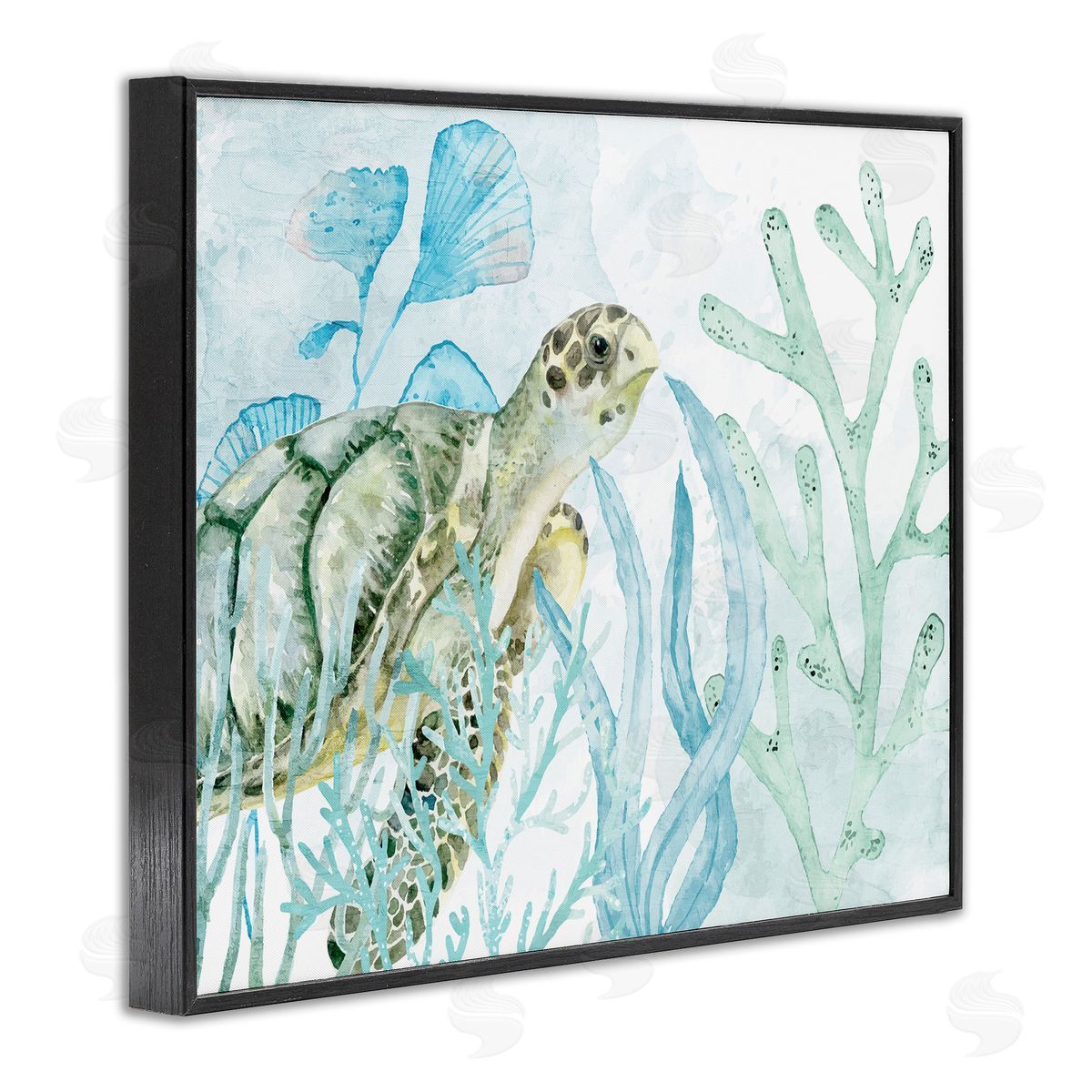 Kim Allen Turtle in Watercolor Coral Black Framed Giclee Wall Art Print