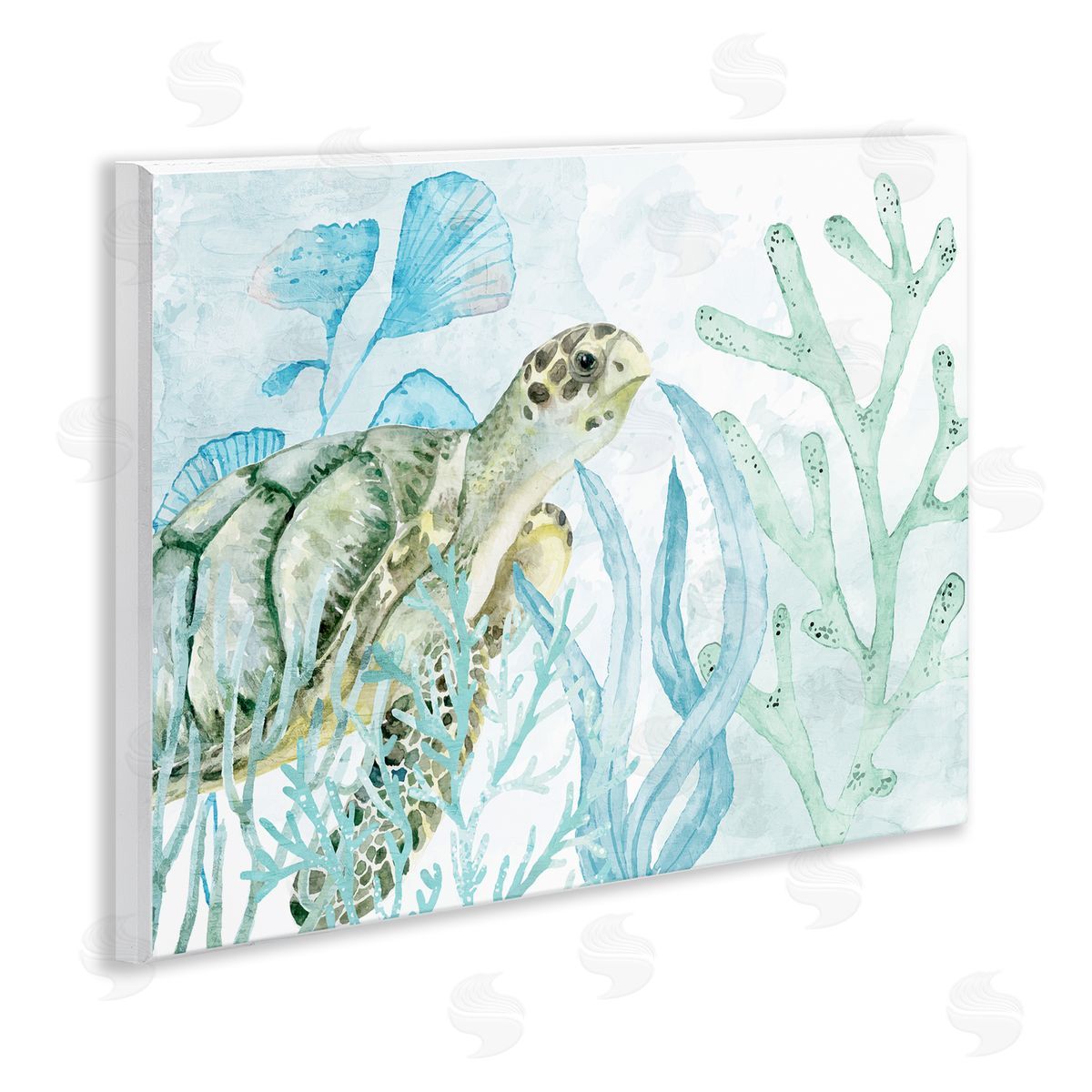 Kim Allen Turtle in Watercolor Coral Wooden Wall Plaque Art Print