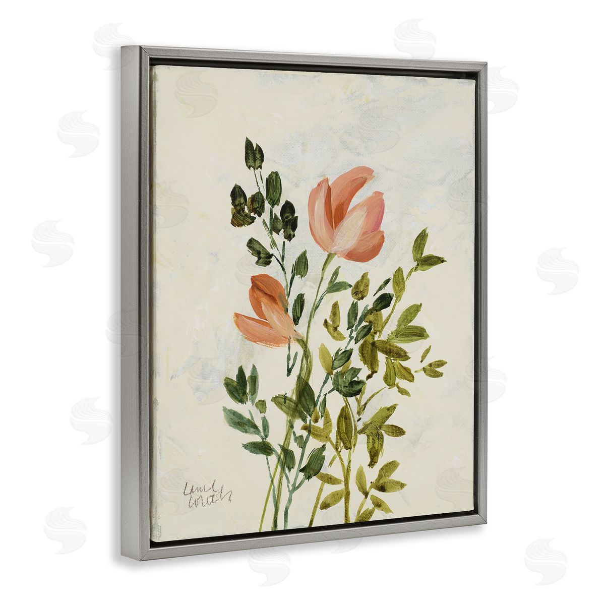 Lanie Loreth Vintage Leaves Pink Blossom Gray Floating Frame Canvas Wall Art Print