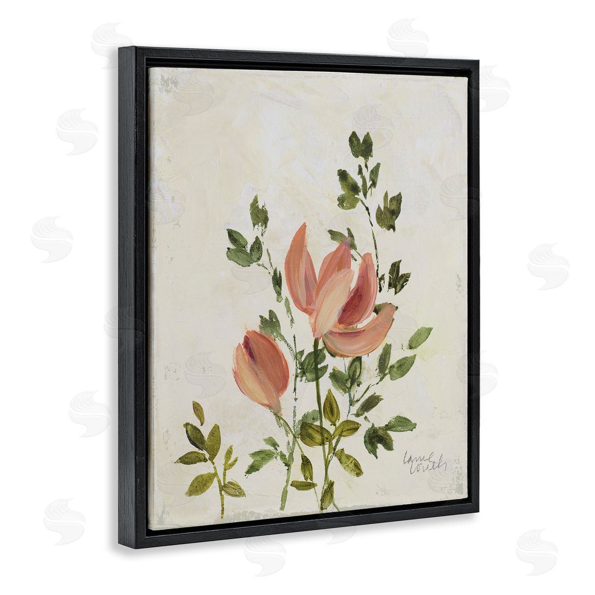 Lanie Loreth Pink Florals Vintage Leaves Black Floating Frame Canvas Wall Art Print