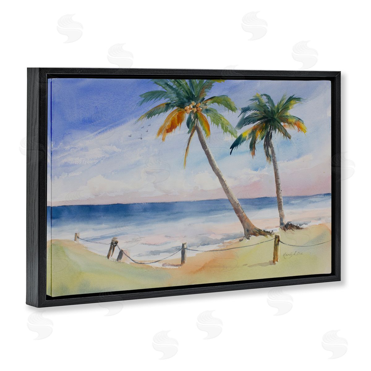 Karin Lind Two Palms Beach Sunset Black Floating Frame Canvas Wall Art Print