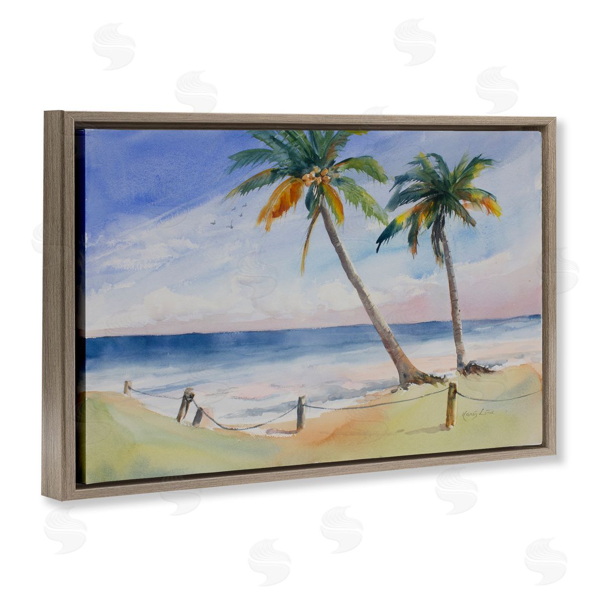 Karin Lind Two Palms Beach Sunset Brown Floating Frame Canvas Wall Art Print