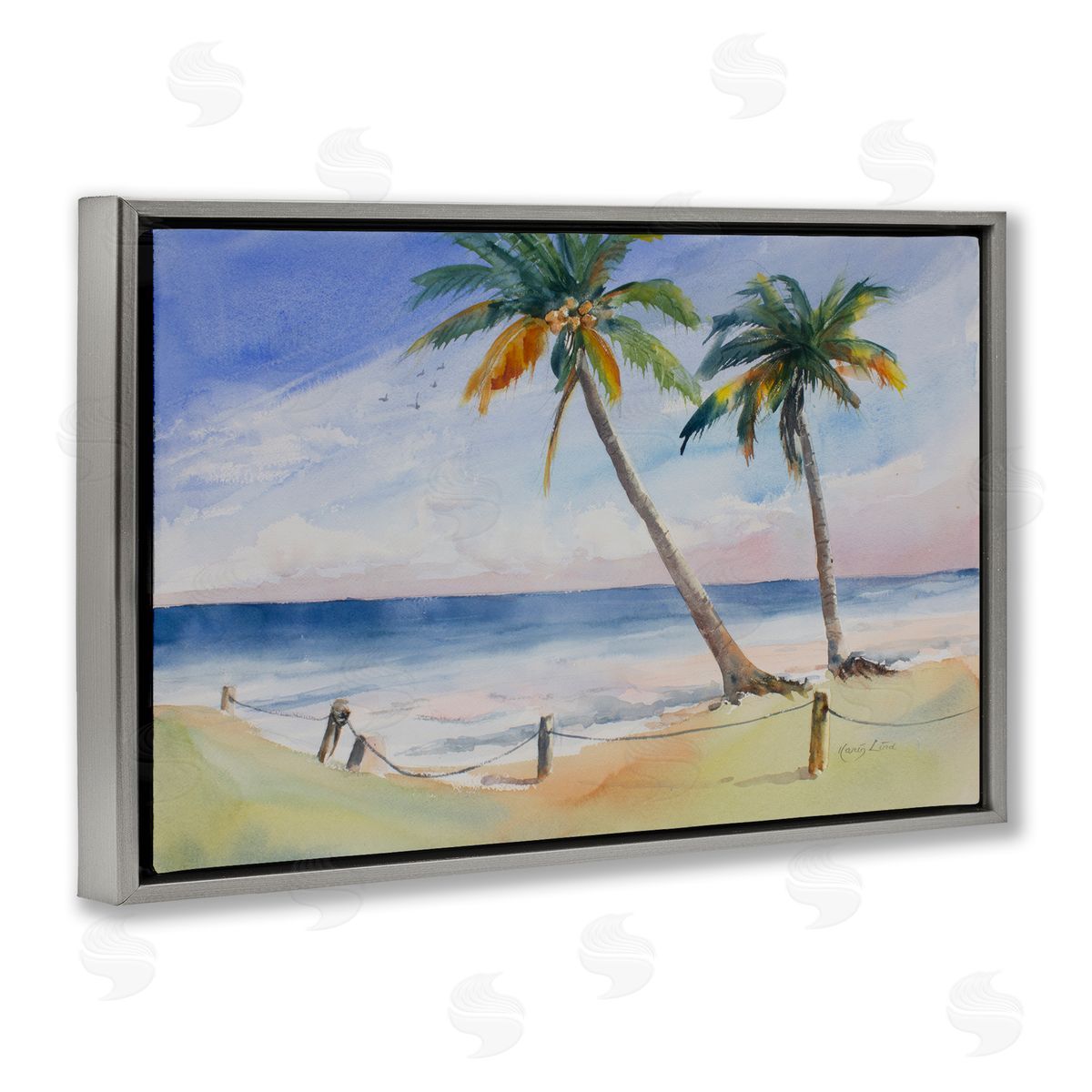 Karin Lind Two Palms Beach Sunset Gray Floating Frame Canvas Wall Art Print