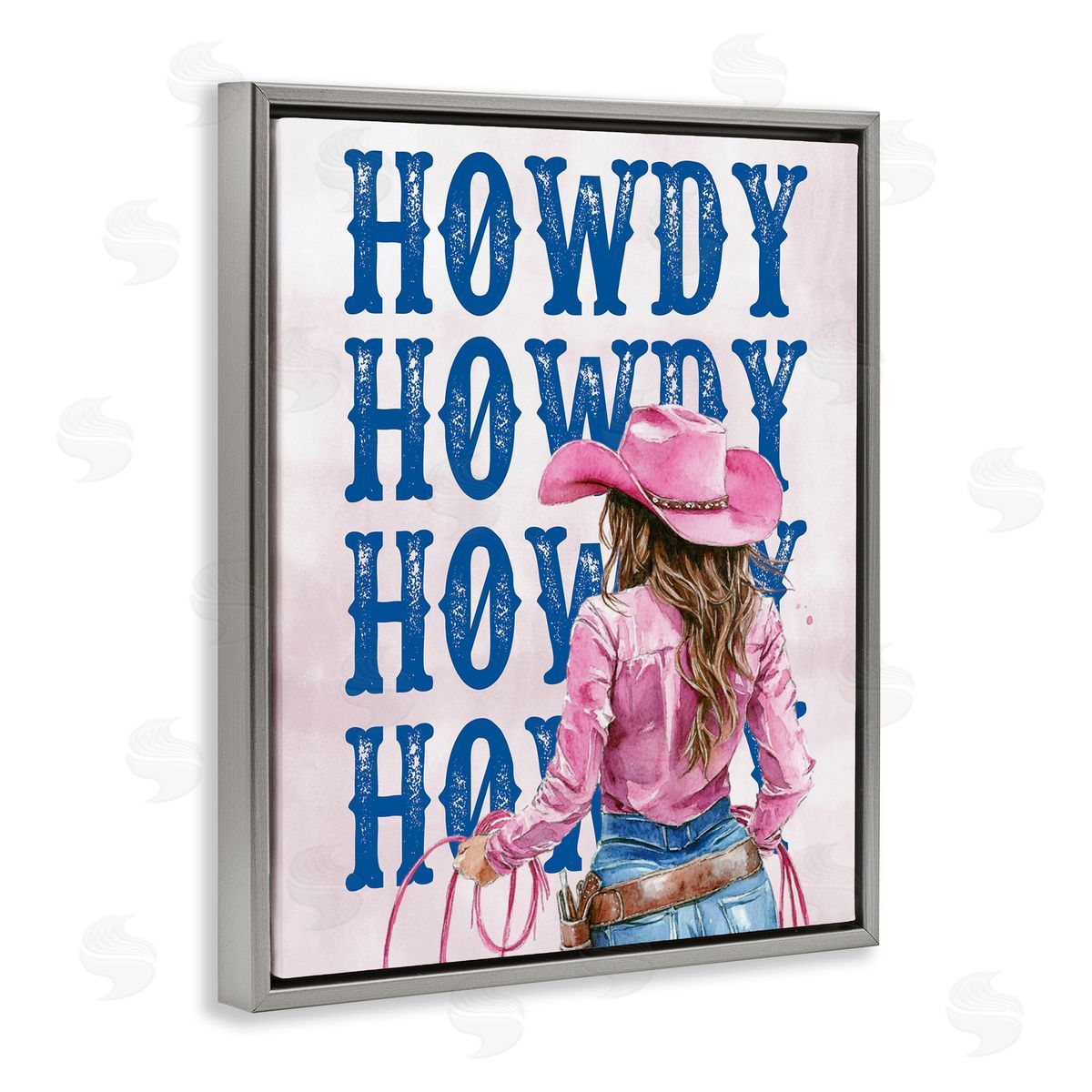 Howdy Cowgirl with Lasso Grey Floating Frame Canvas Wall Art, Home Decor by Lettered and Lined