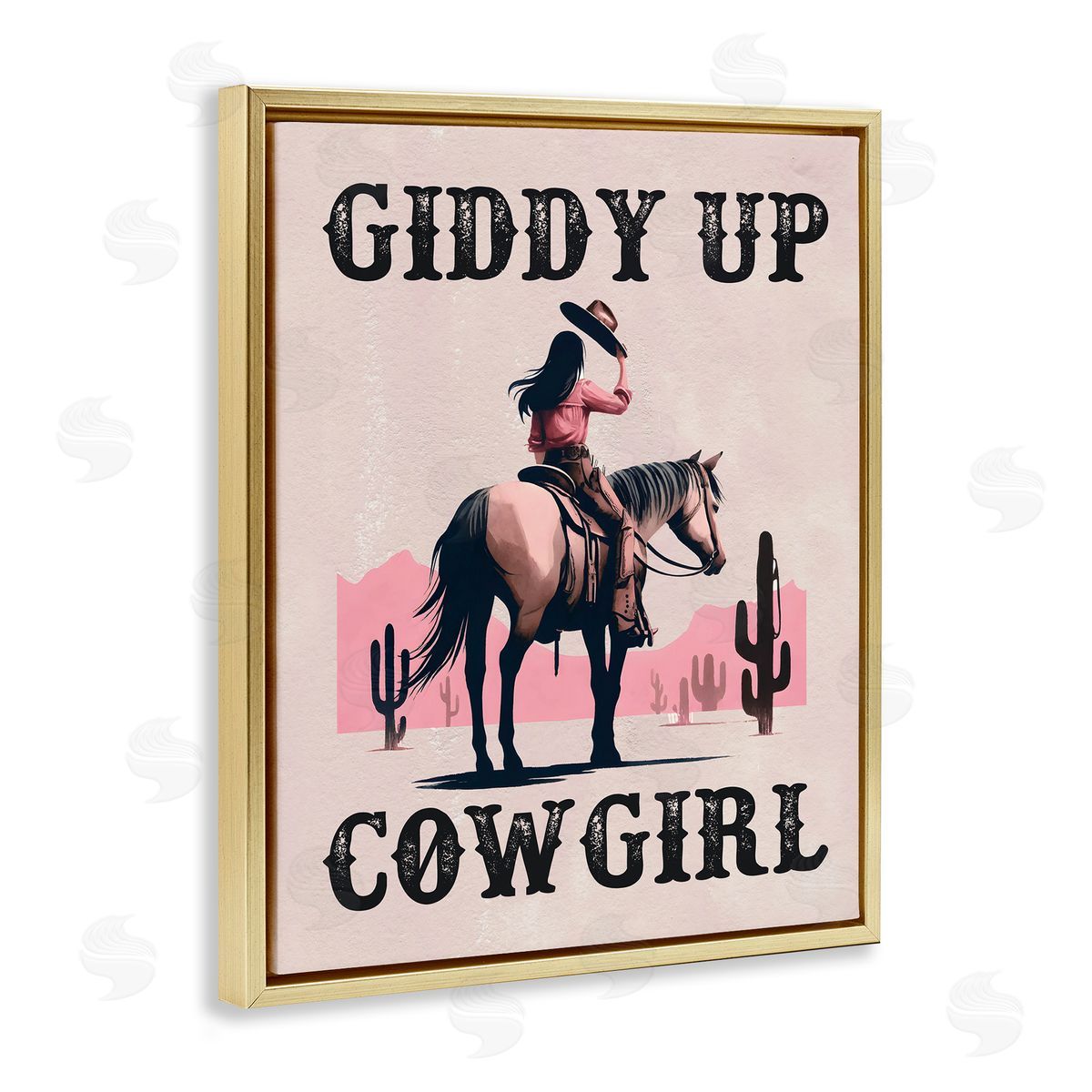 Giddy Up Brunette Cowgirl Gold Floating Frame Canvas Wall Art, Home Decor by Lettered and Lined