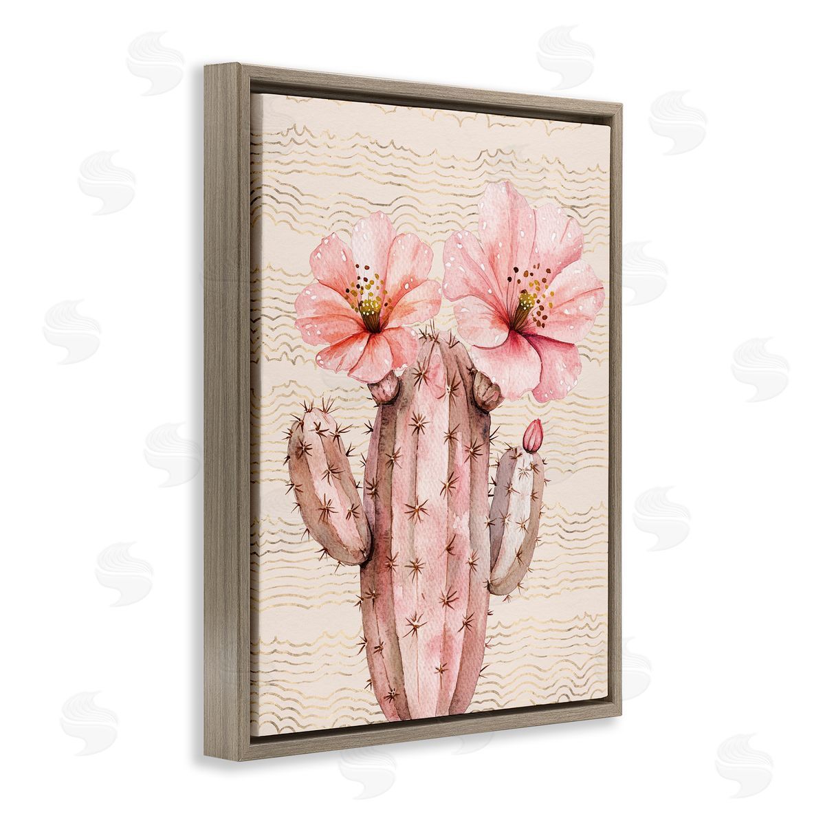 Pastel Cactus with Blooms Brown Floating Frame Canvas Wall Art, Home Decor by Lettered and Lined