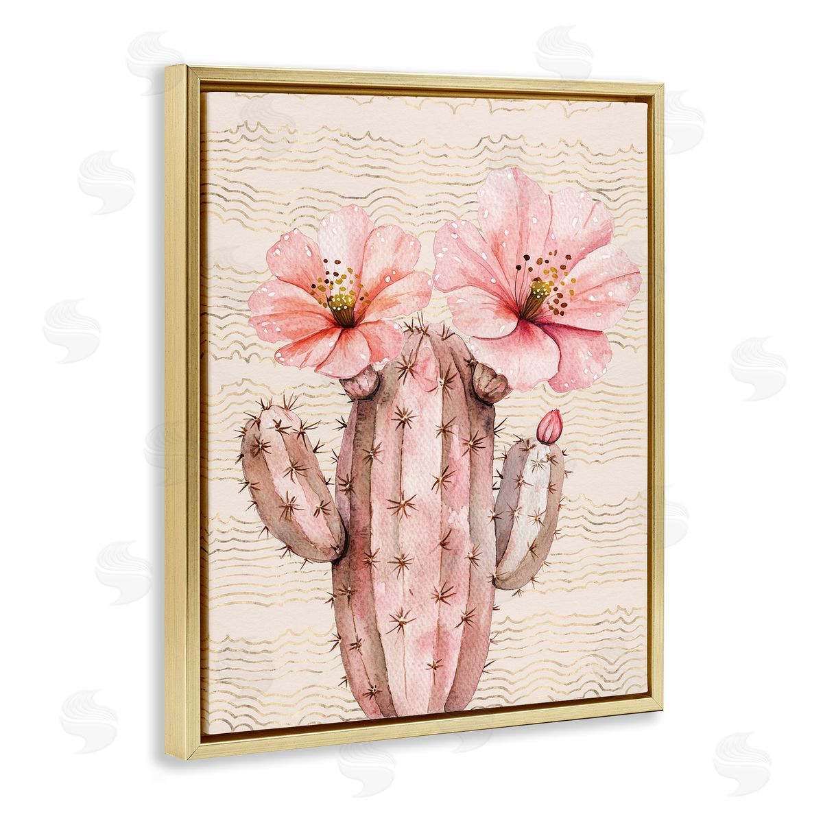 Pastel Cactus with Blooms Gold Floating Frame Canvas Wall Art, Home Decor by Lettered and Lined