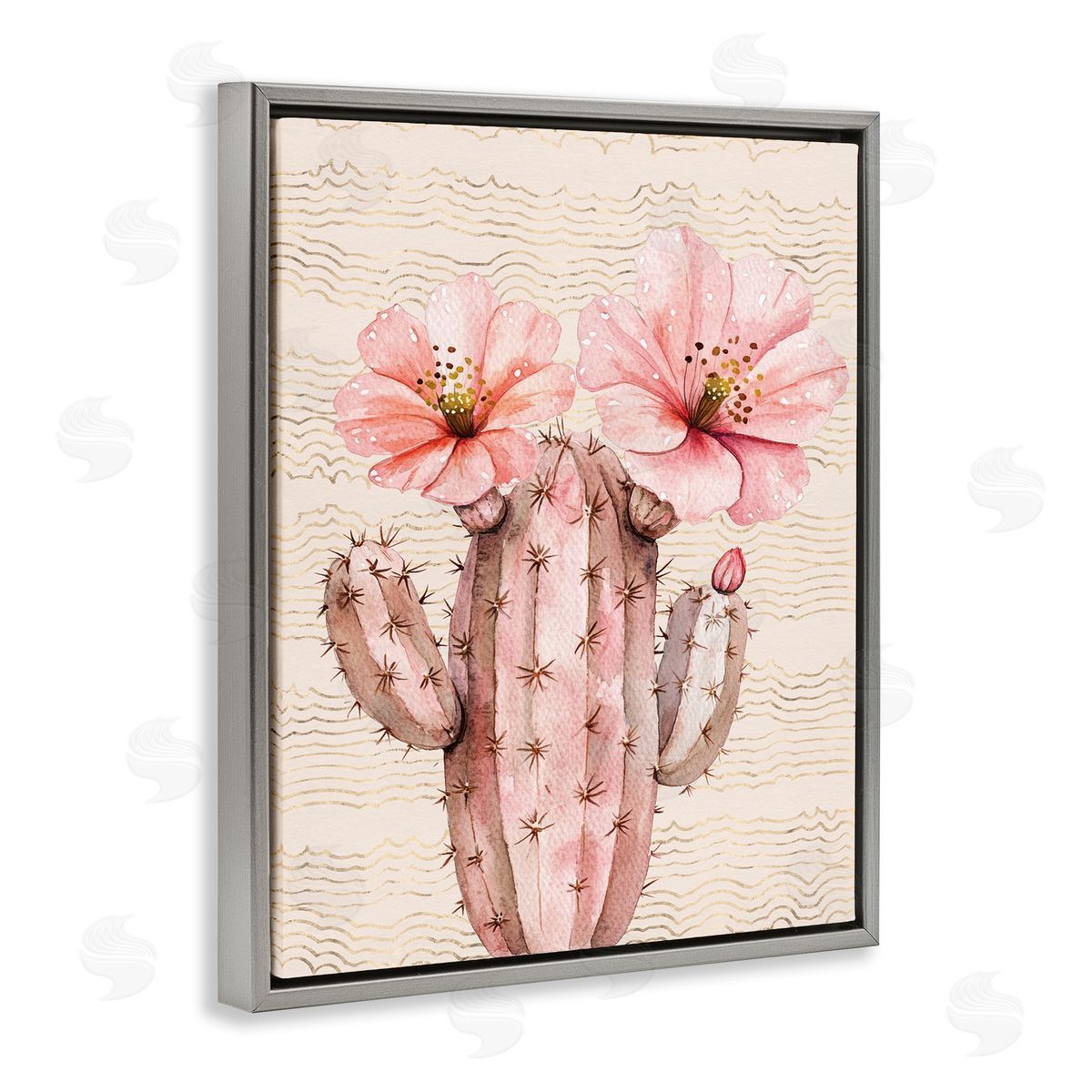 Pastel Cactus with Blooms Grey Floating Frame Canvas Wall Art, Home Decor by Lettered and Lined