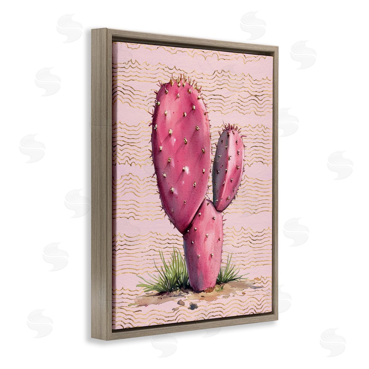 Pink Prickly Pear Cactus Brown Floating Frame Canvas Wall Art, Home Decor by Lettered and Lined