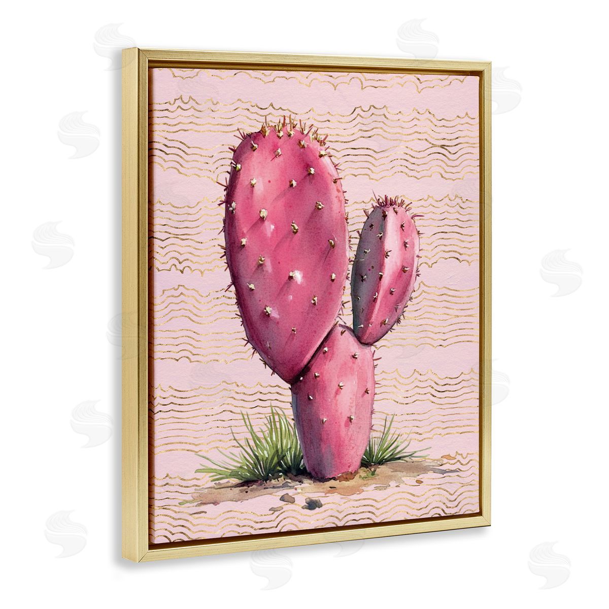 Pink Prickly Pear Cactus Gold Floating Frame Canvas Wall Art, Home Decor by Lettered and Lined