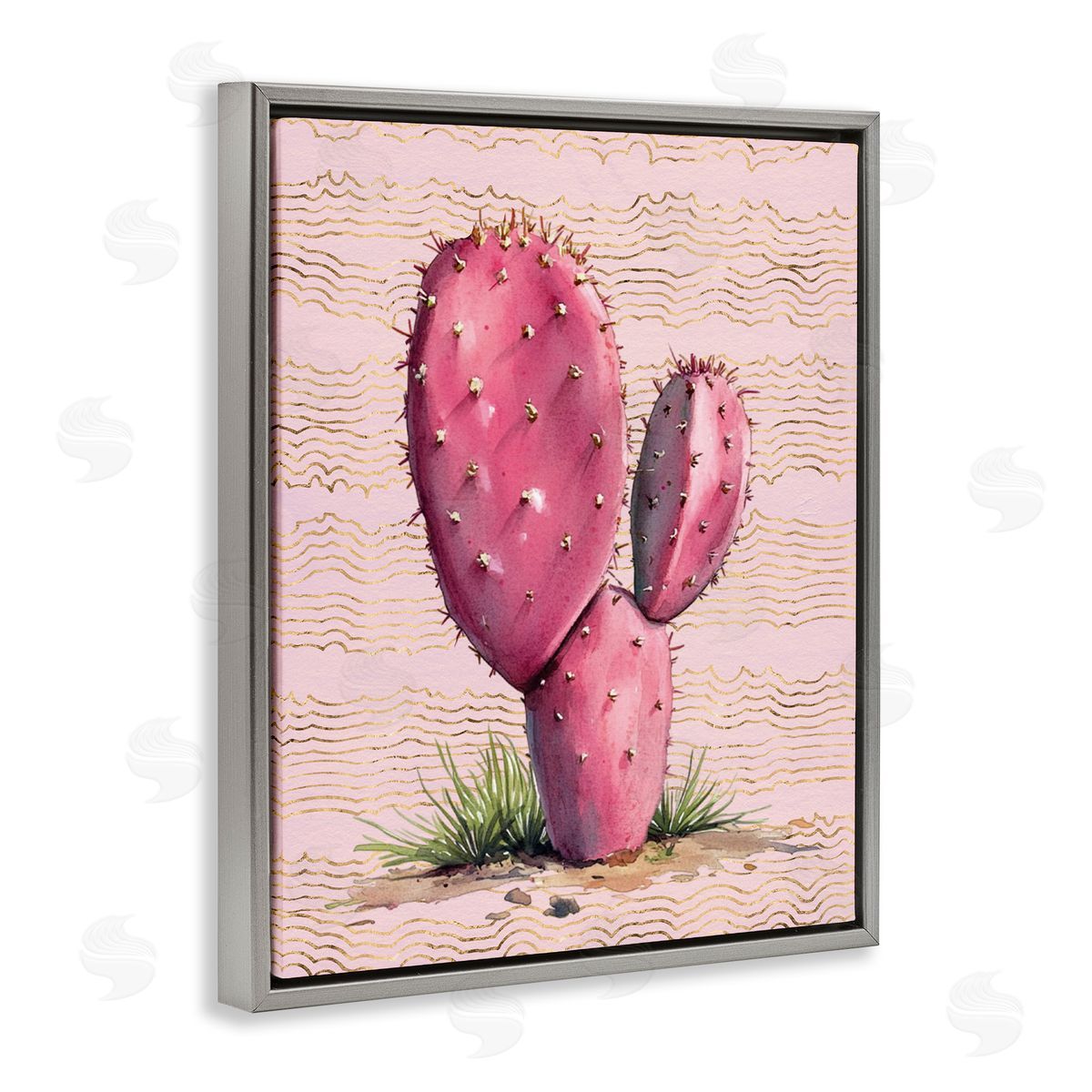 Pink Prickly Pear Cactus Grey Floating Frame Canvas Wall Art, Home Decor by Lettered and Lined
