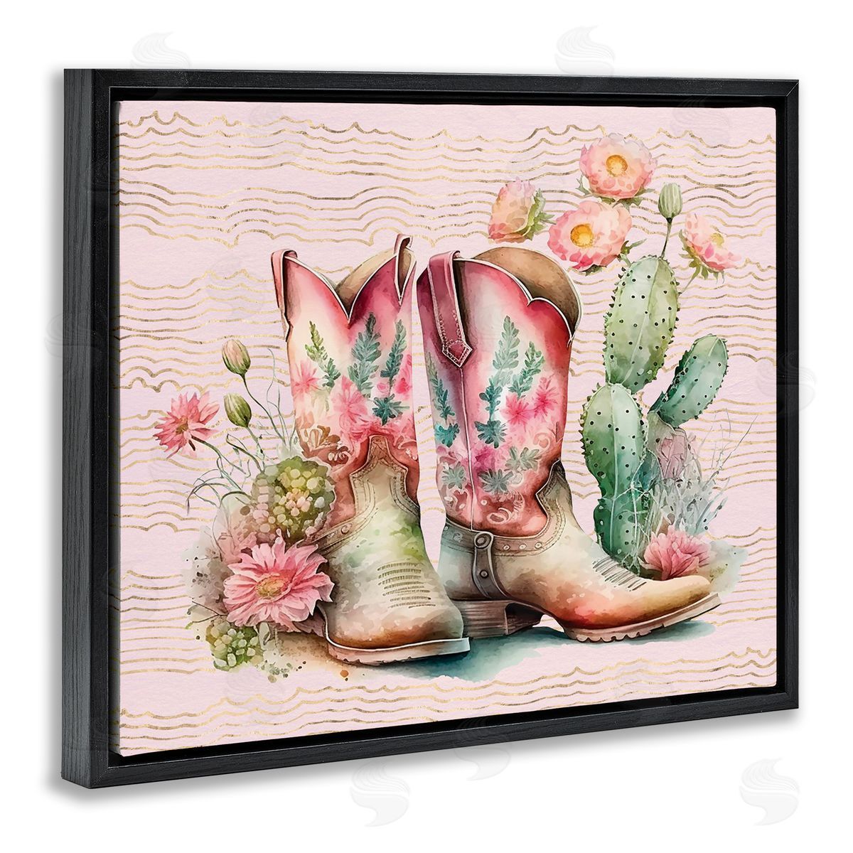 Country Boots with Cacti Black Floating Frame Canvas Wall Art, Home Decor by Lettered and Lined