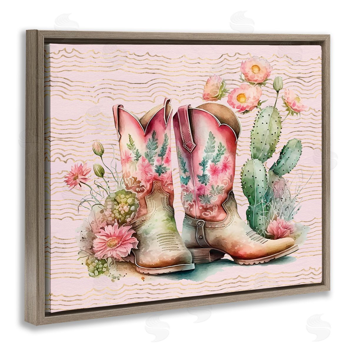 Country Boots with Cacti Brown Floating Frame Canvas Wall Art, Home Decor by Lettered and Lined