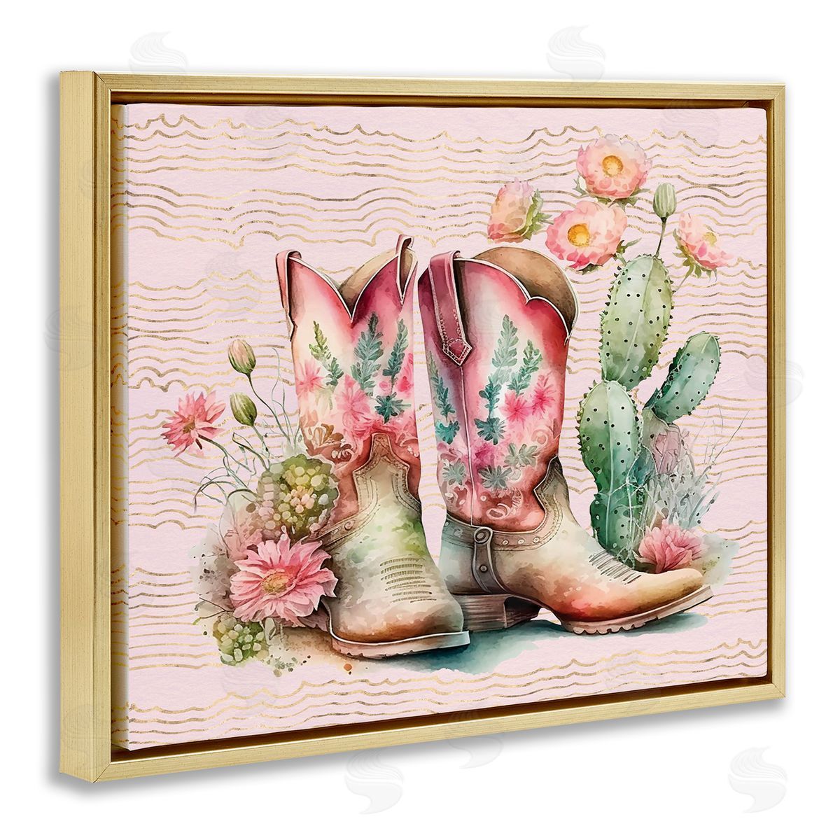 Country Boots with Cacti Gold Floating Frame Canvas Wall Art, Home Decor by Lettered and Lined