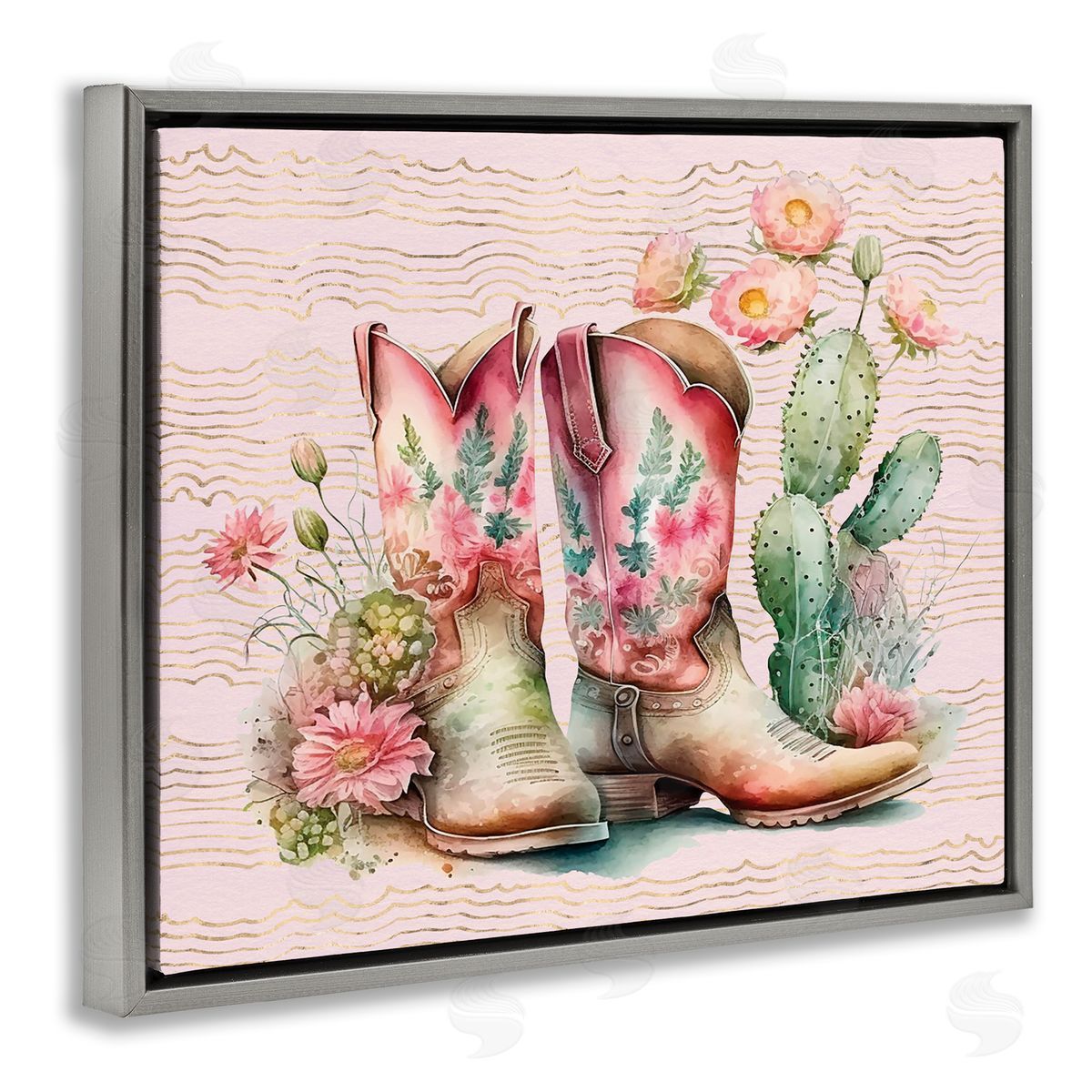 Country Boots with Cacti Grey Floating Frame Canvas Wall Art, Home Decor by Lettered and Lined