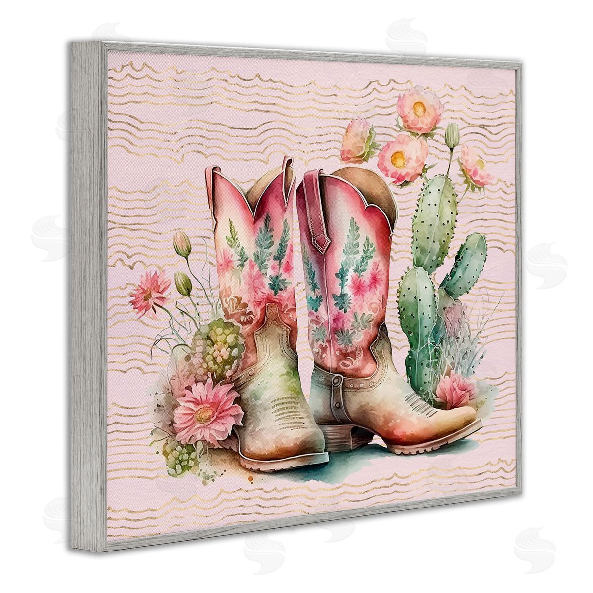 Country Boots with Cacti Grey Frame Print Wall Art, Home Decor by Lettered and Lined