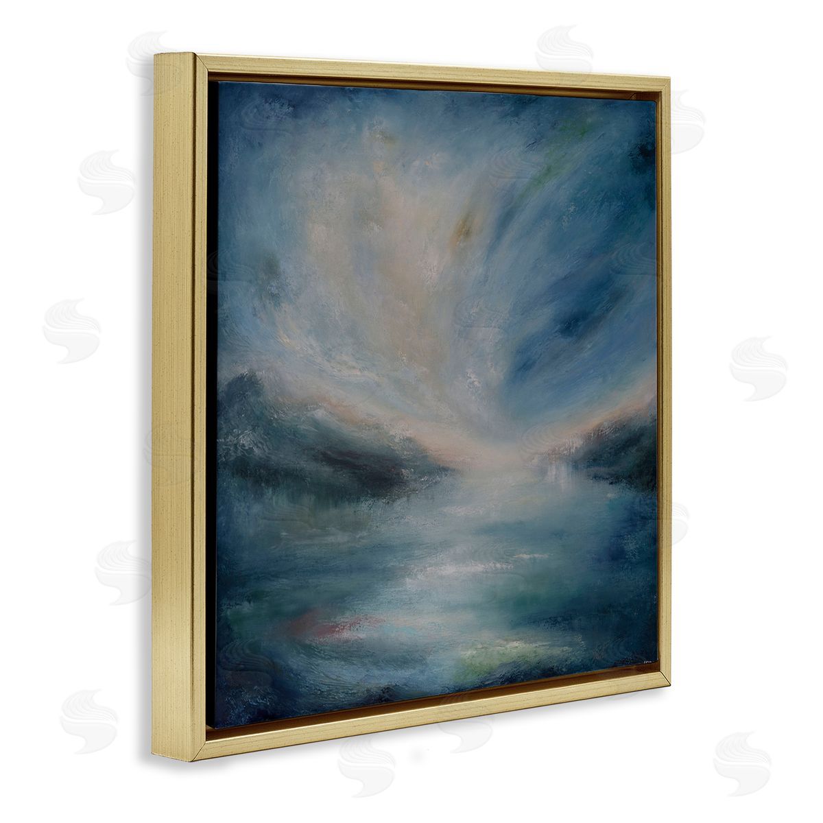Blue Hour Abstract Landscape Gold Floating Frame Canvas Wall Art, Home Decor by Lydia Orange