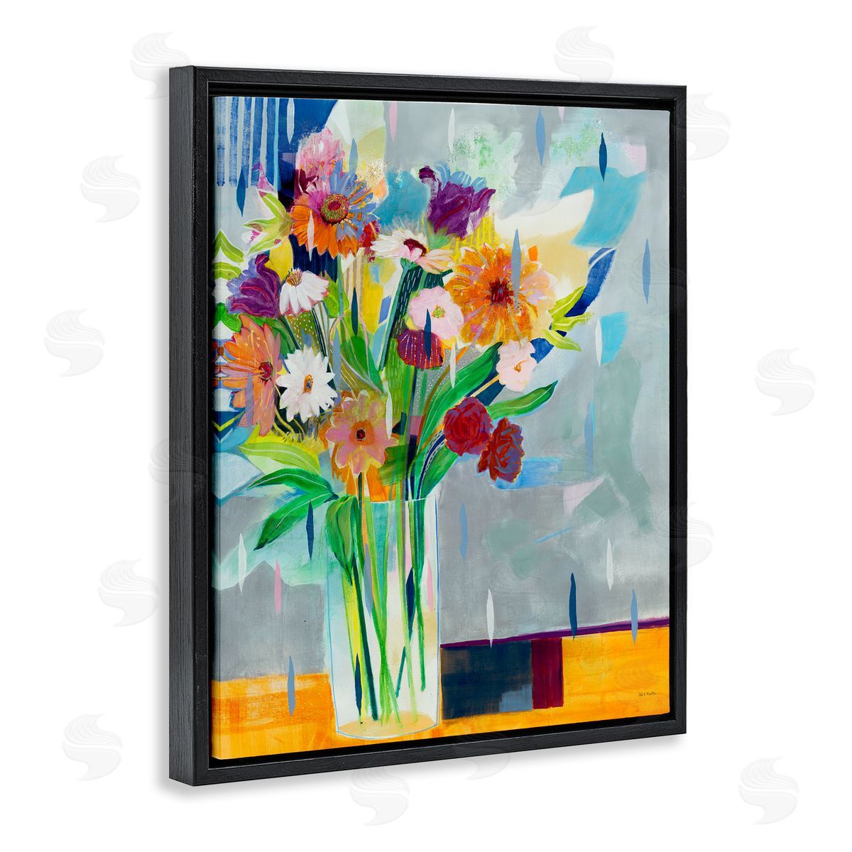 Florals on Blocked Background Black Floating Frame Canvas Wall Art, Home Decor by Jill Martin