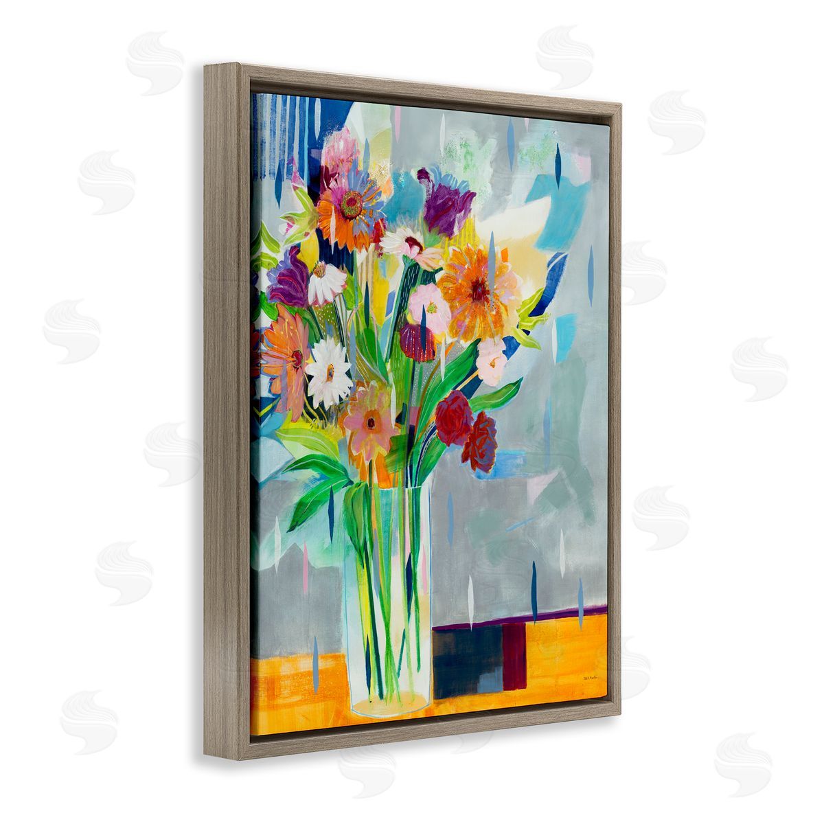Florals on Blocked Background Brown Floating Frame Canvas Wall Art, Home Decor by Jill Martin