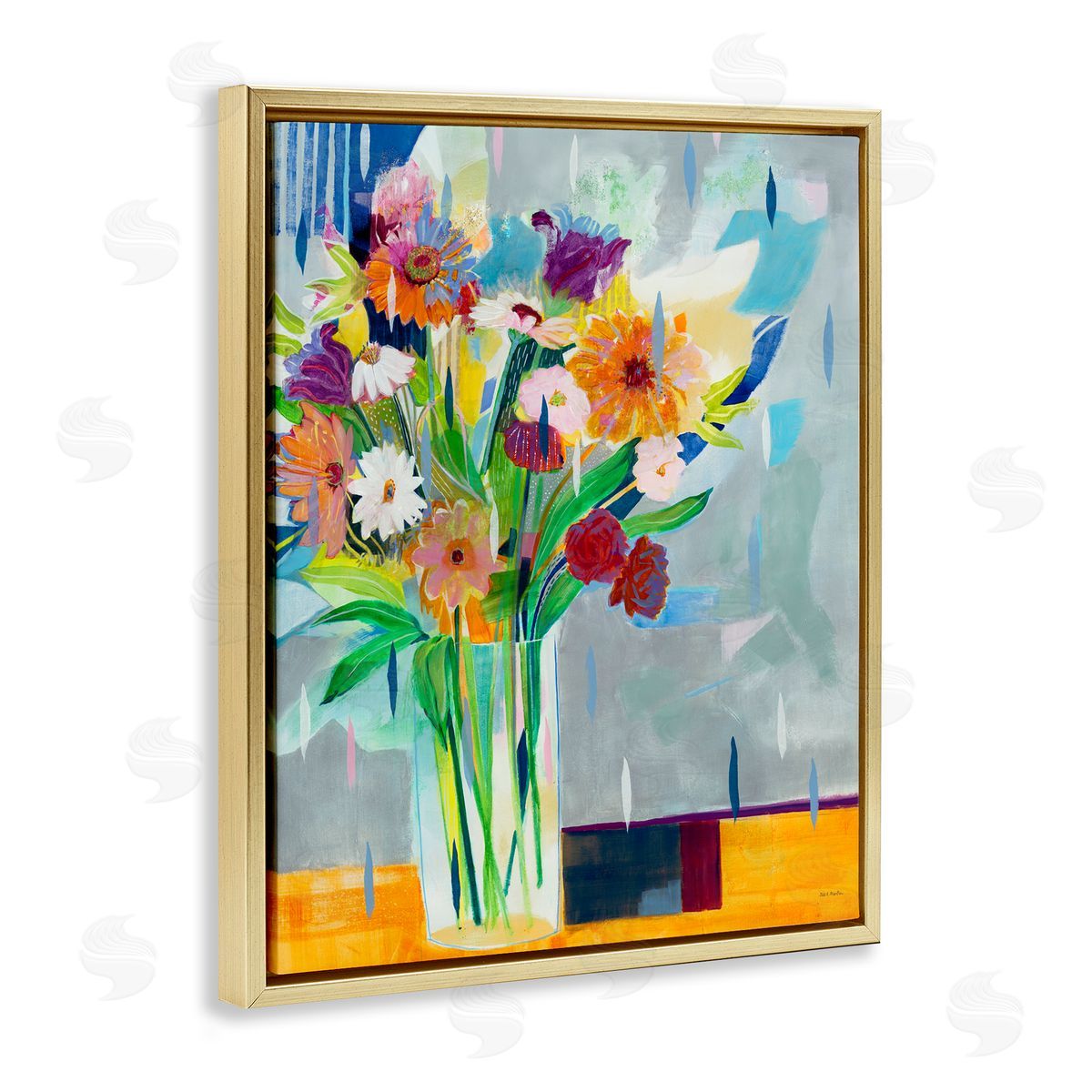 Florals on Blocked Background Gold Floating Frame Canvas Wall Art, Home Decor by Jill Martin