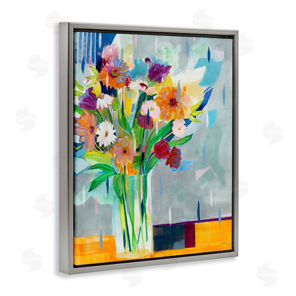 Florals on Blocked Background Grey Floating Frame Canvas Wall Art, Home Decor by Jill Martin