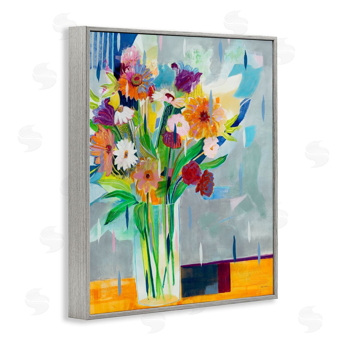 Florals on Blocked Background Grey Frame Print Wall Art, Home Decor by Jill Martin
