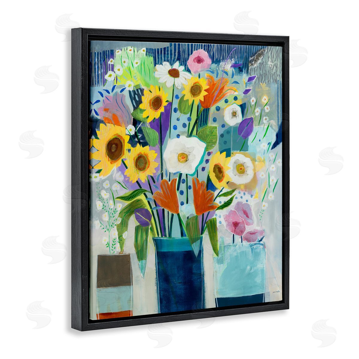 Bright Sunflowers & Blooms Black Floating Frame Canvas Wall Art, Home Decor by Jill Martin