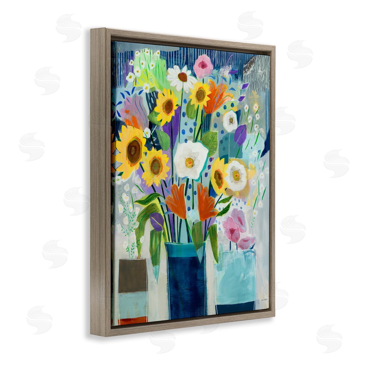 Bright Sunflowers & Blooms Brown Floating Frame Canvas Wall Art, Home Decor by Jill Martin