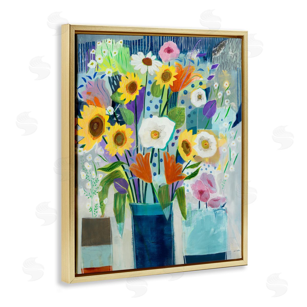 Bright Sunflowers & Blooms Gold Floating Frame Canvas Wall Art, Home Decor by Jill Martin