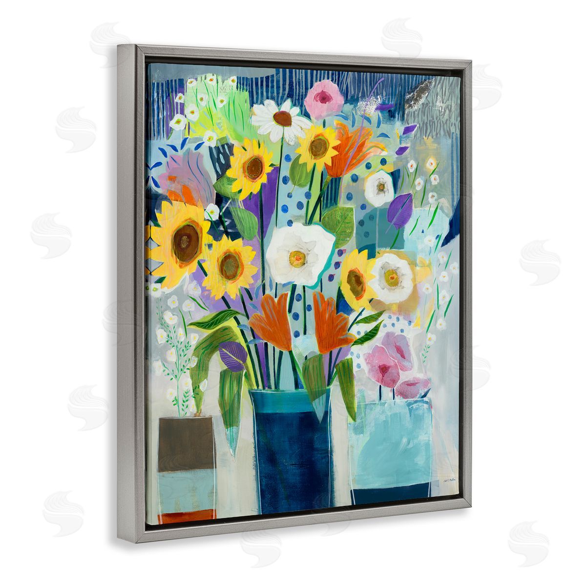 Bright Sunflowers & Blooms Grey Floating Frame Canvas Wall Art, Home Decor by Jill Martin