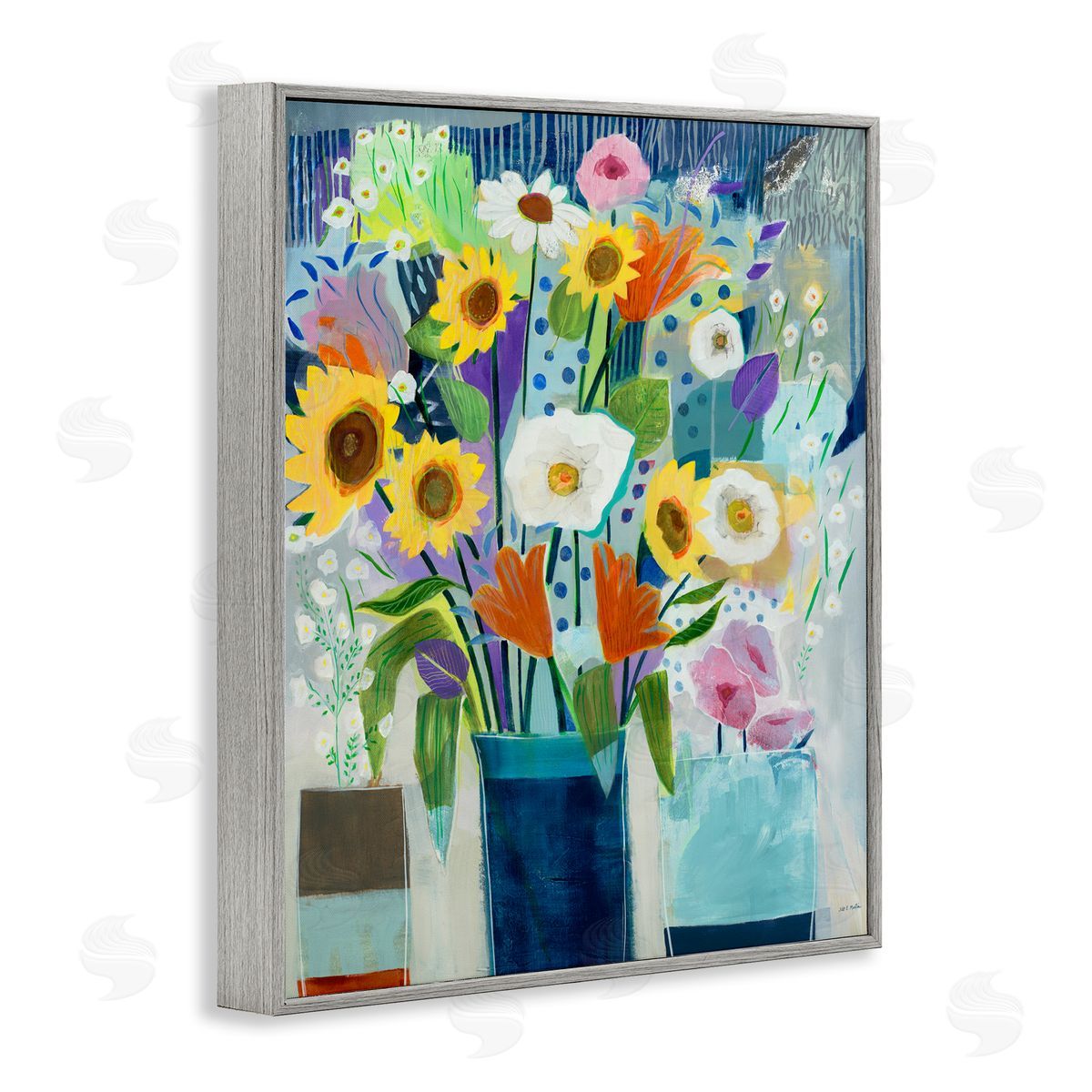Bright Sunflowers & Blooms Grey Frame Print Wall Art, Home Decor by Jill Martin