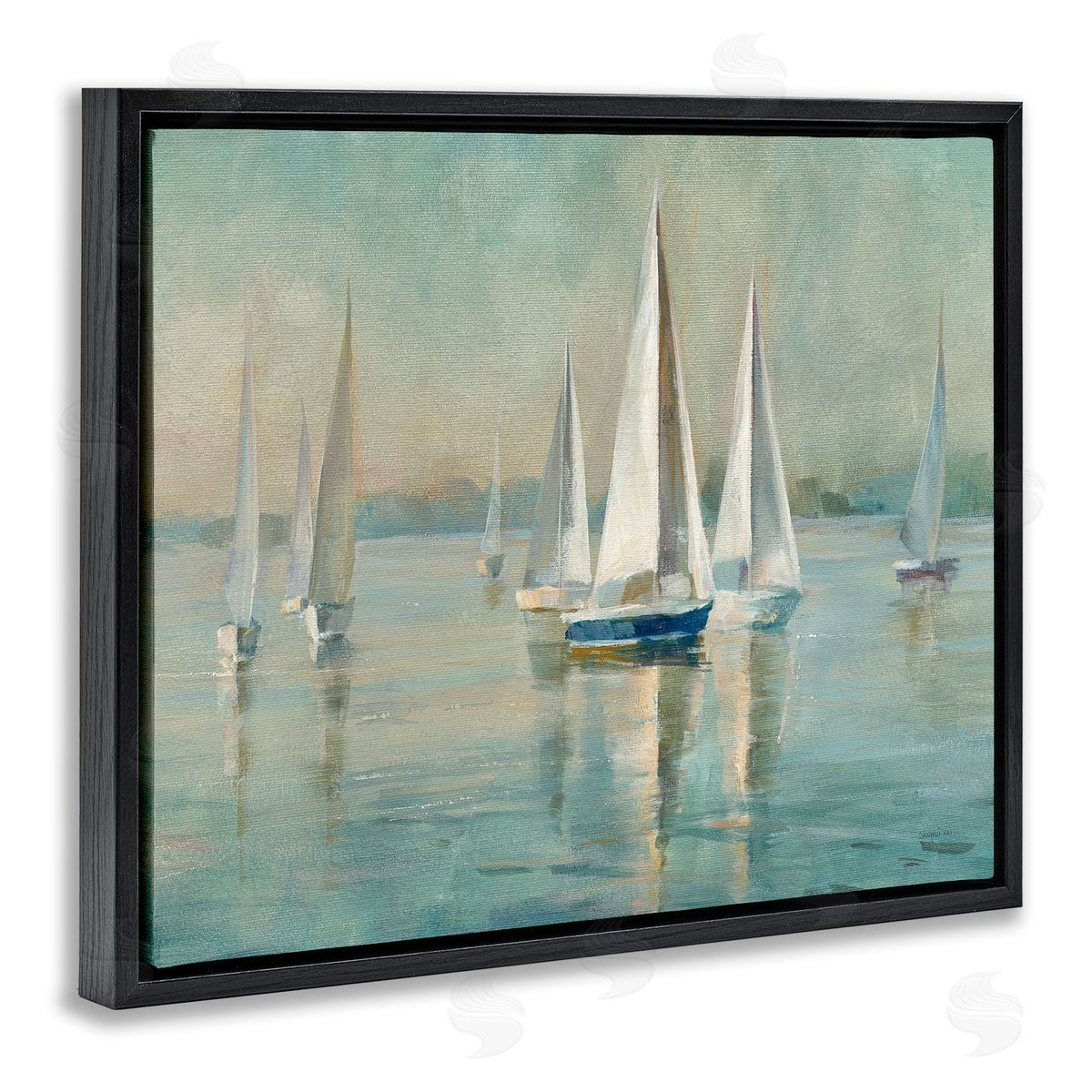 Sailboats at Sunrise Black Floating Frame Canvas Wall Art, Home Decor by Danhui Nai