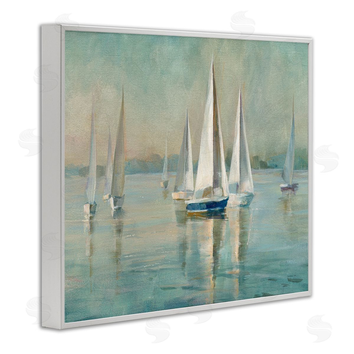 Sailboats at Sunrise White Frame Print Wall Art, Home Decor by Danhui Nai