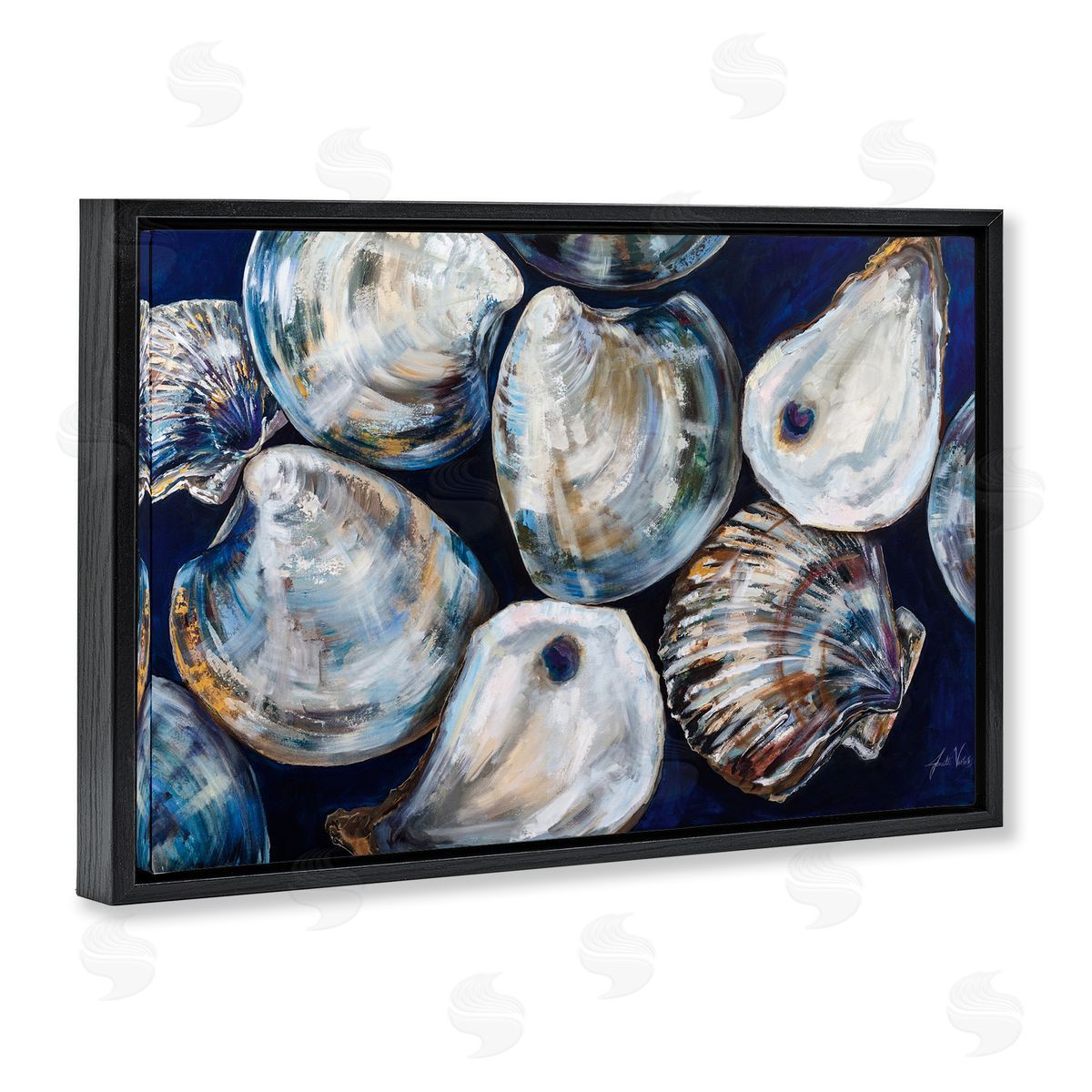 Seashell Shore Finds Black Floating Frame Canvas Wall Art, Home Decor by Jeanette Vertentes