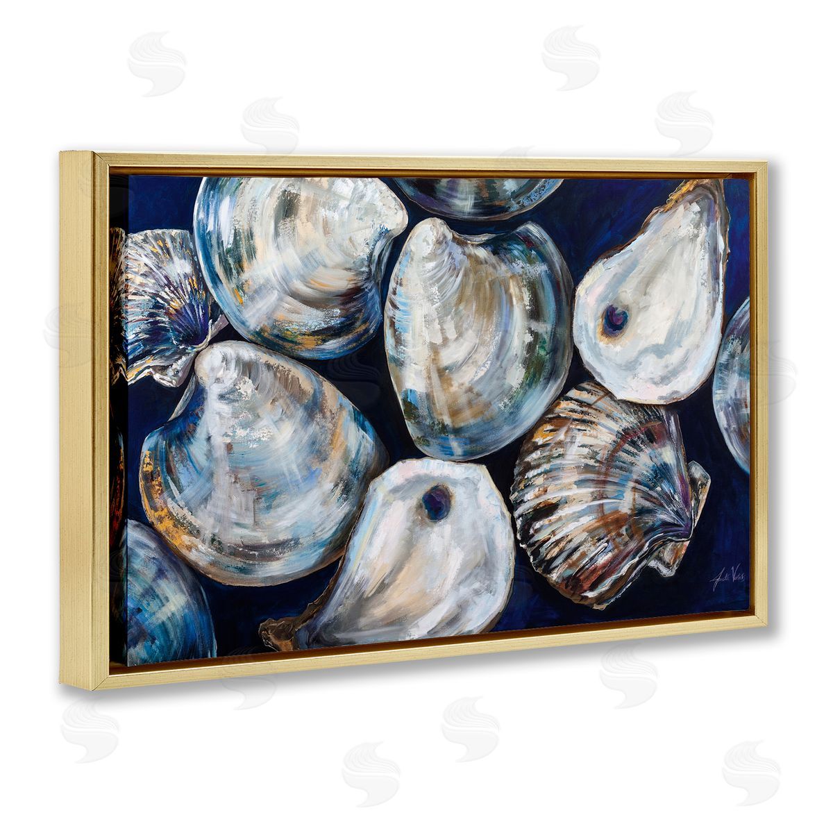 Seashell Shore Finds Gold Floating Frame Canvas Wall Art, Home Decor by Jeanette Vertentes