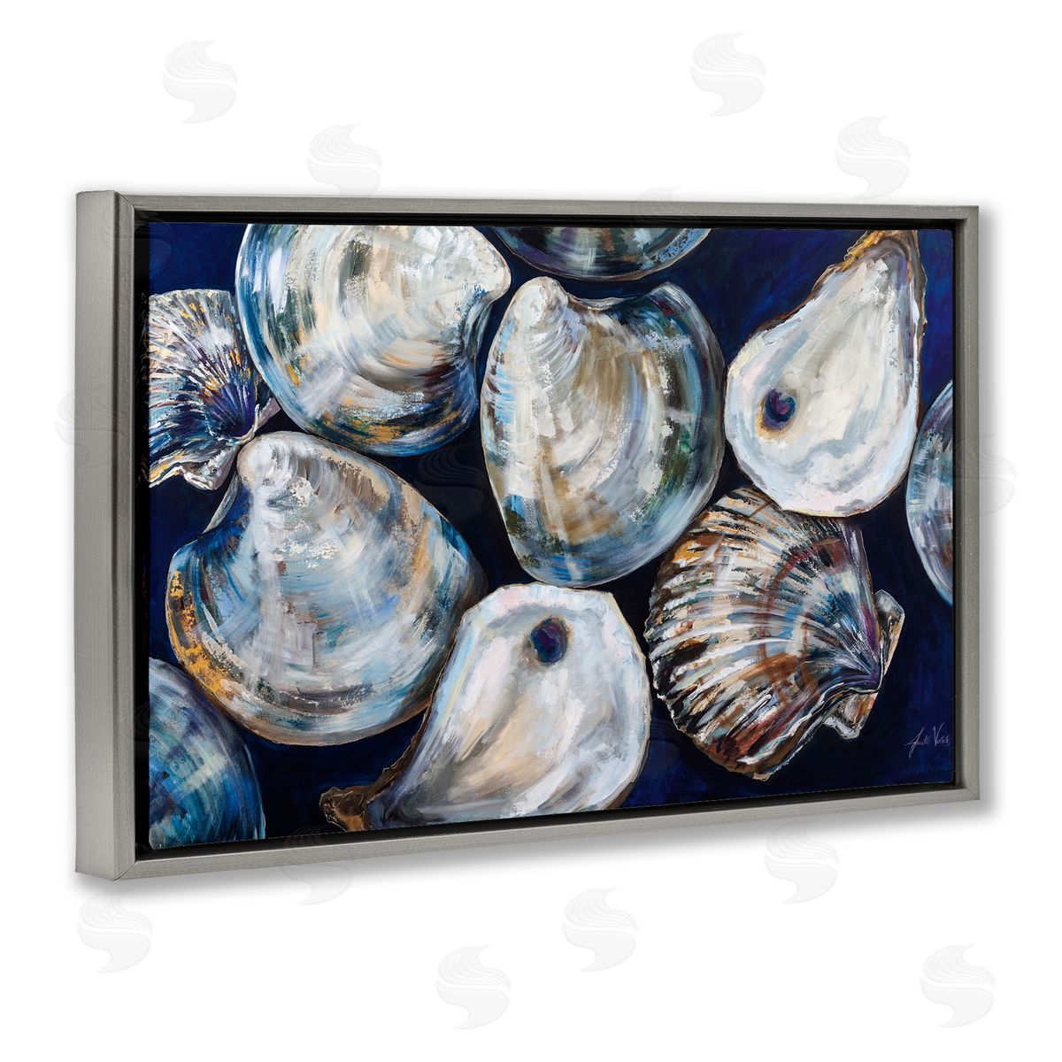 Seashell Shore Finds Grey Floating Frame Canvas Wall Art, Home Decor by Jeanette Vertentes