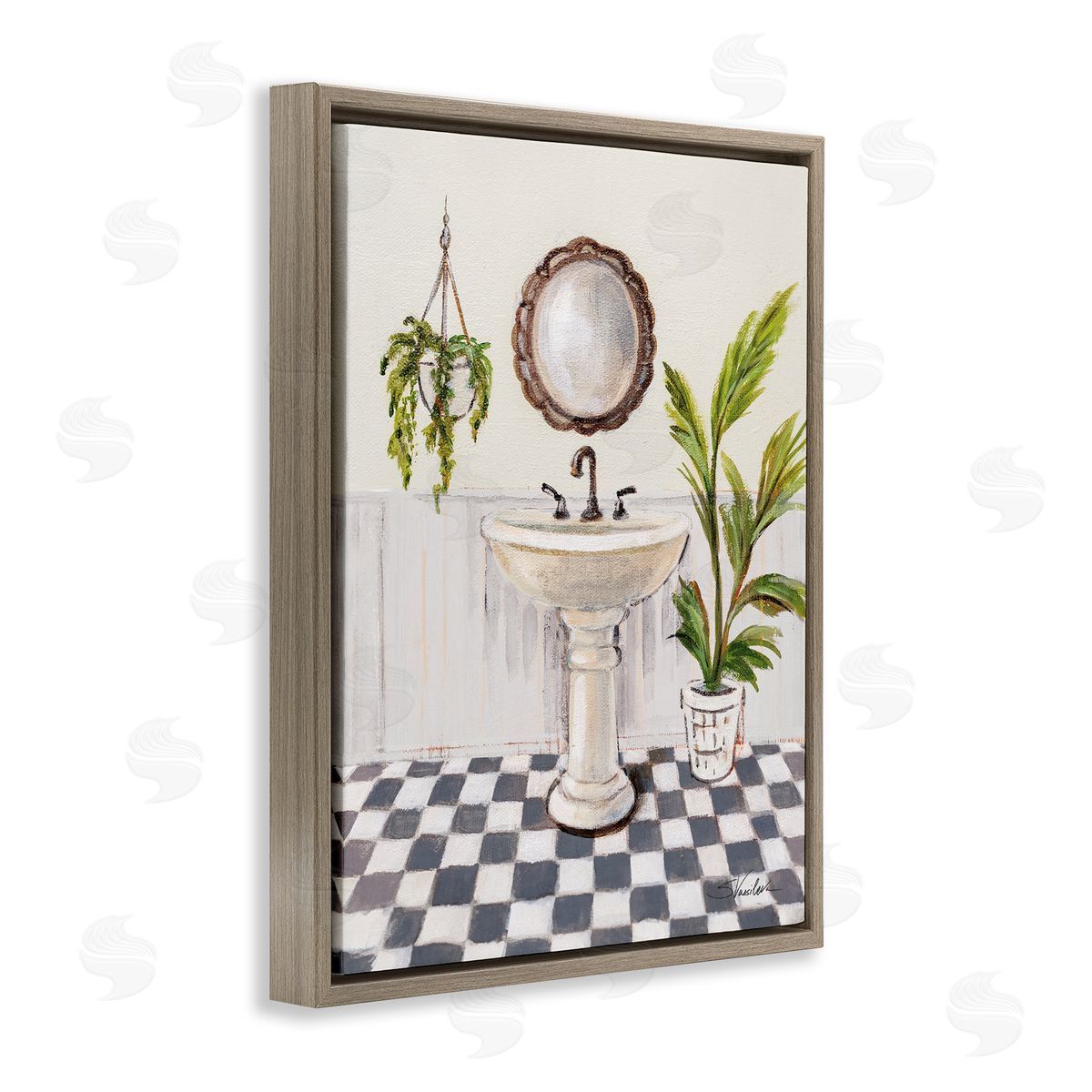 Crisp Bathroom with Plants Brown Floating Frame Canvas Wall Art, Home Decor by Silvia Vassileva