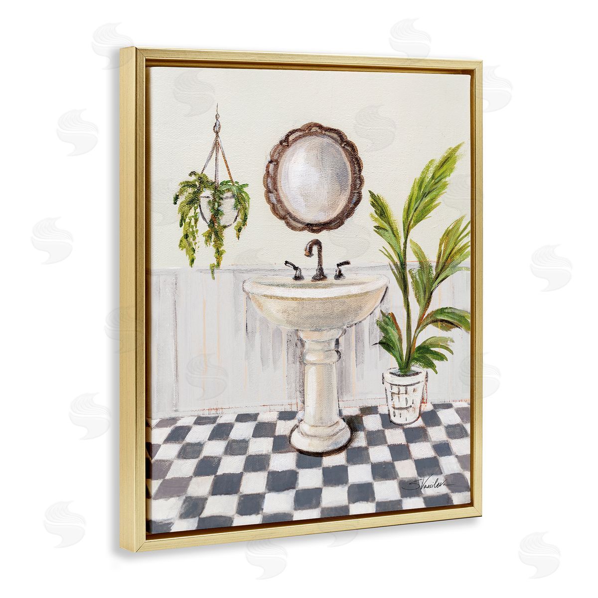 Crisp Bathroom with Plants Gold Floating Frame Canvas Wall Art, Home Decor by Silvia Vassileva