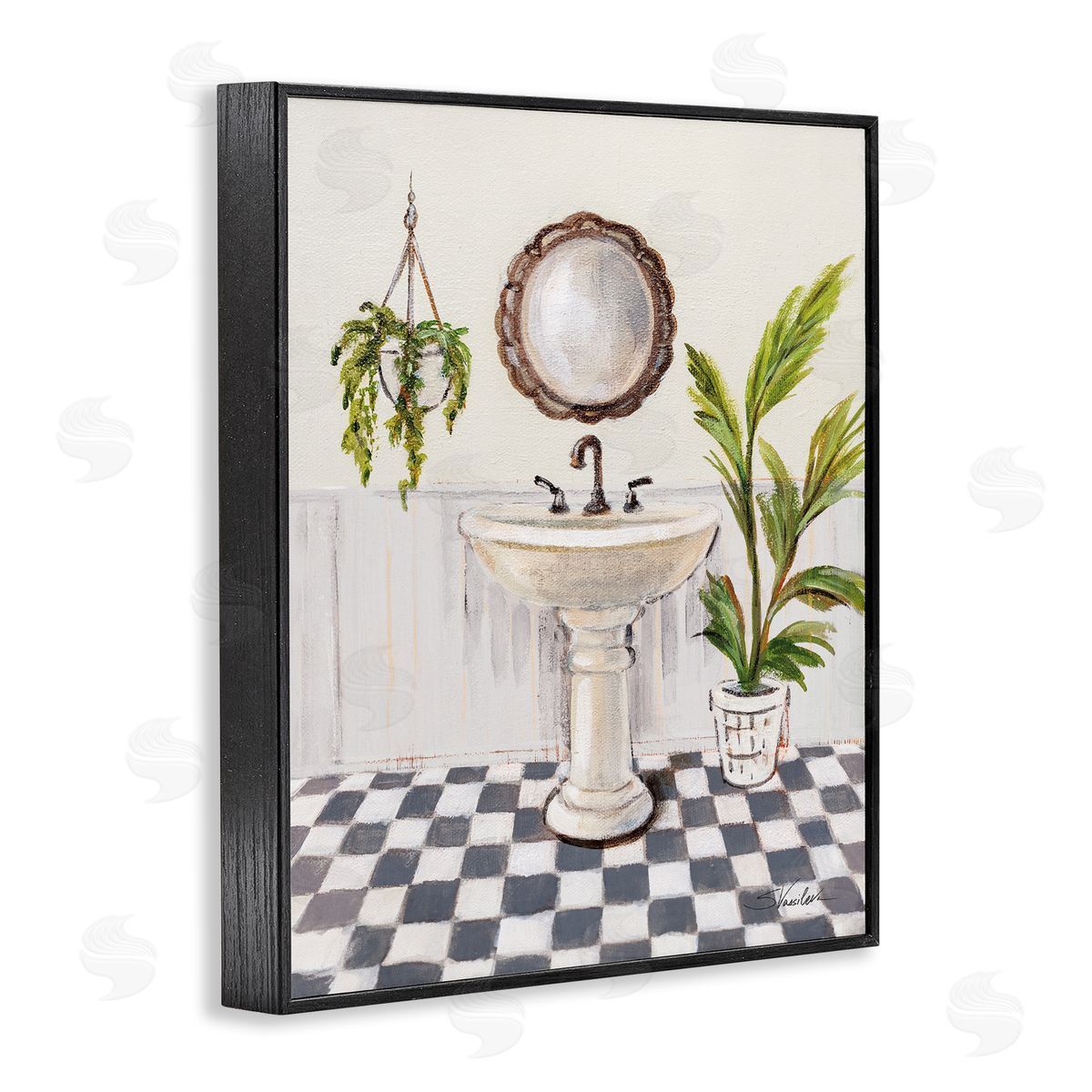 Crisp Bathroom with Plants Black Frame Print Wall Art, Home Decor by Silvia Vassileva