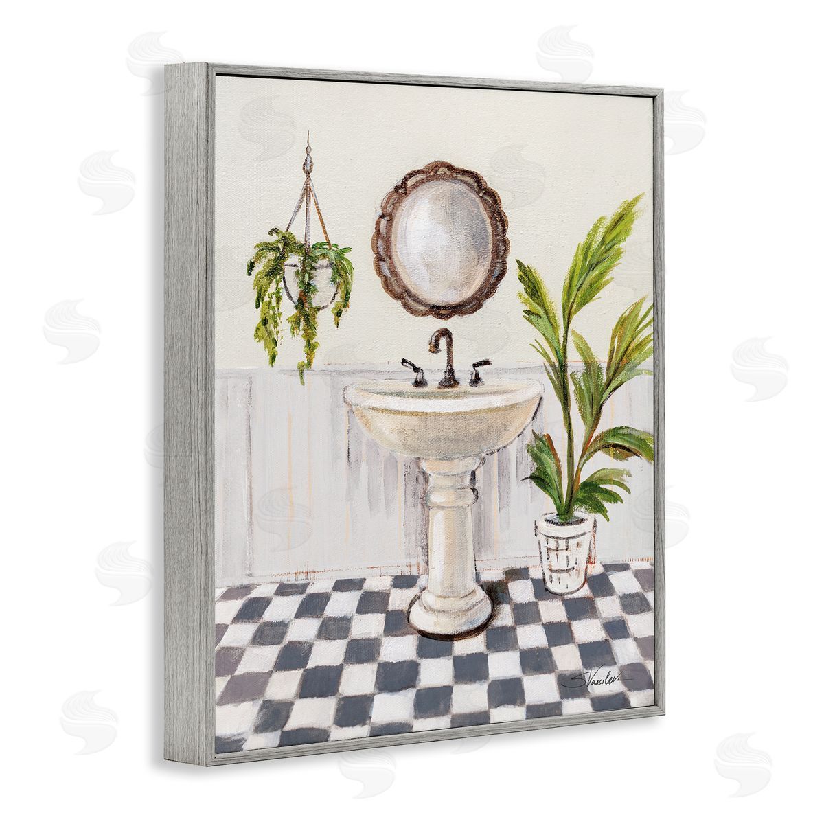 Crisp Bathroom with Plants Grey Frame Print Wall Art, Home Decor by Silvia Vassileva