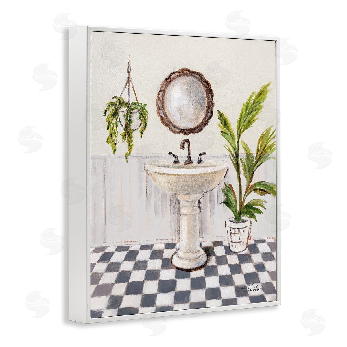 Crisp Bathroom with Plants White Frame Print Wall Art, Home Decor by Silvia Vassileva