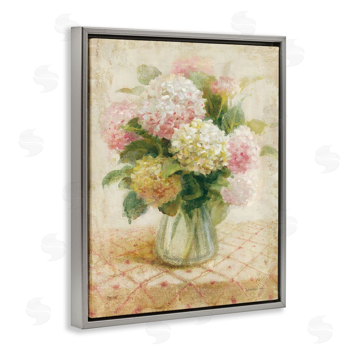 Cottage Hydrangeas in Pink Grey Floating Frame Canvas Wall Art, Home Decor by Danhui Nai