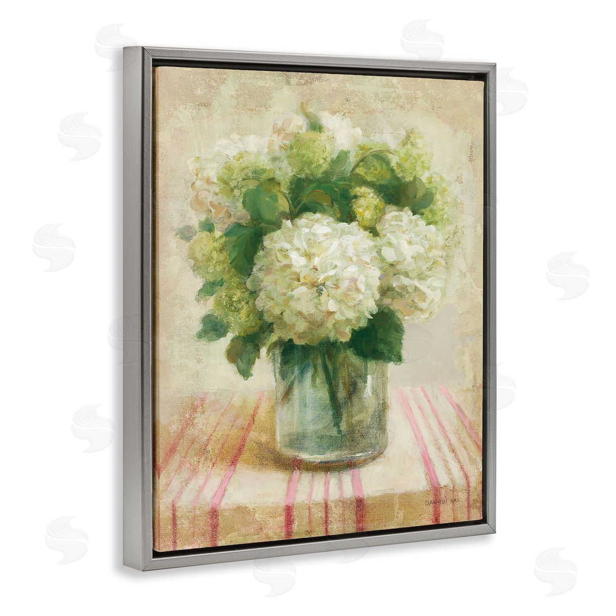 Cottage Hydrangeas in White Grey Floating Frame Canvas Wall Art, Home Decor by Danhui Nai