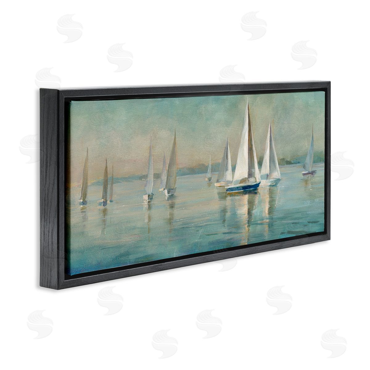 Panoramic Sailing at Sunrise Black Floating Frame Canvas Wall Art, Home Decor by Danhui Nai