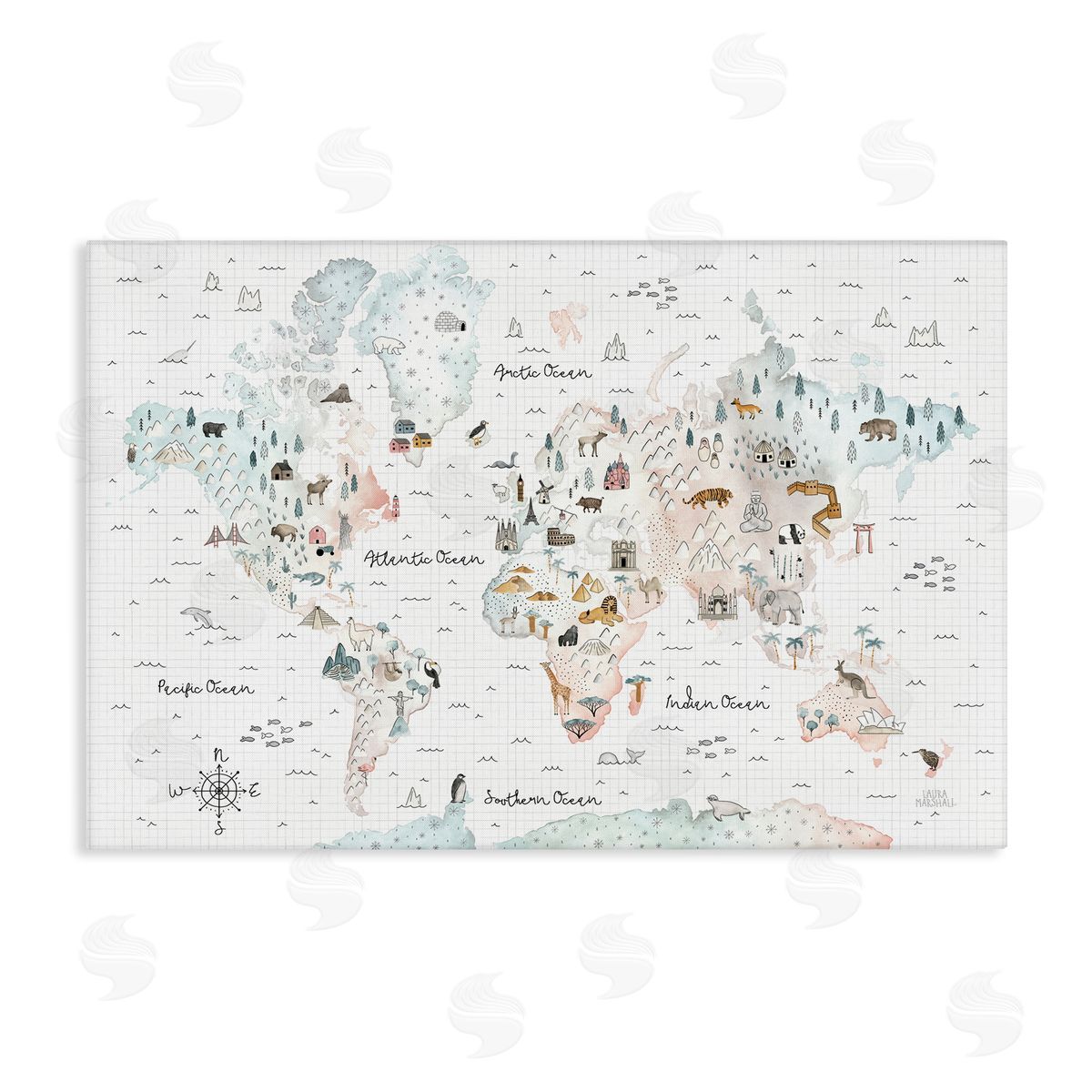 Whimsical World Traveler Map Canvas Wall Art, Home Decor by Laura Marshall