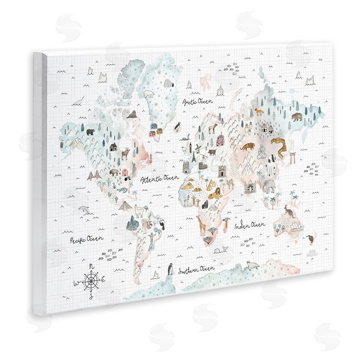 Whimsical World Traveler Map Wood Plaque Wall Art, Home Decor by Laura Marshall