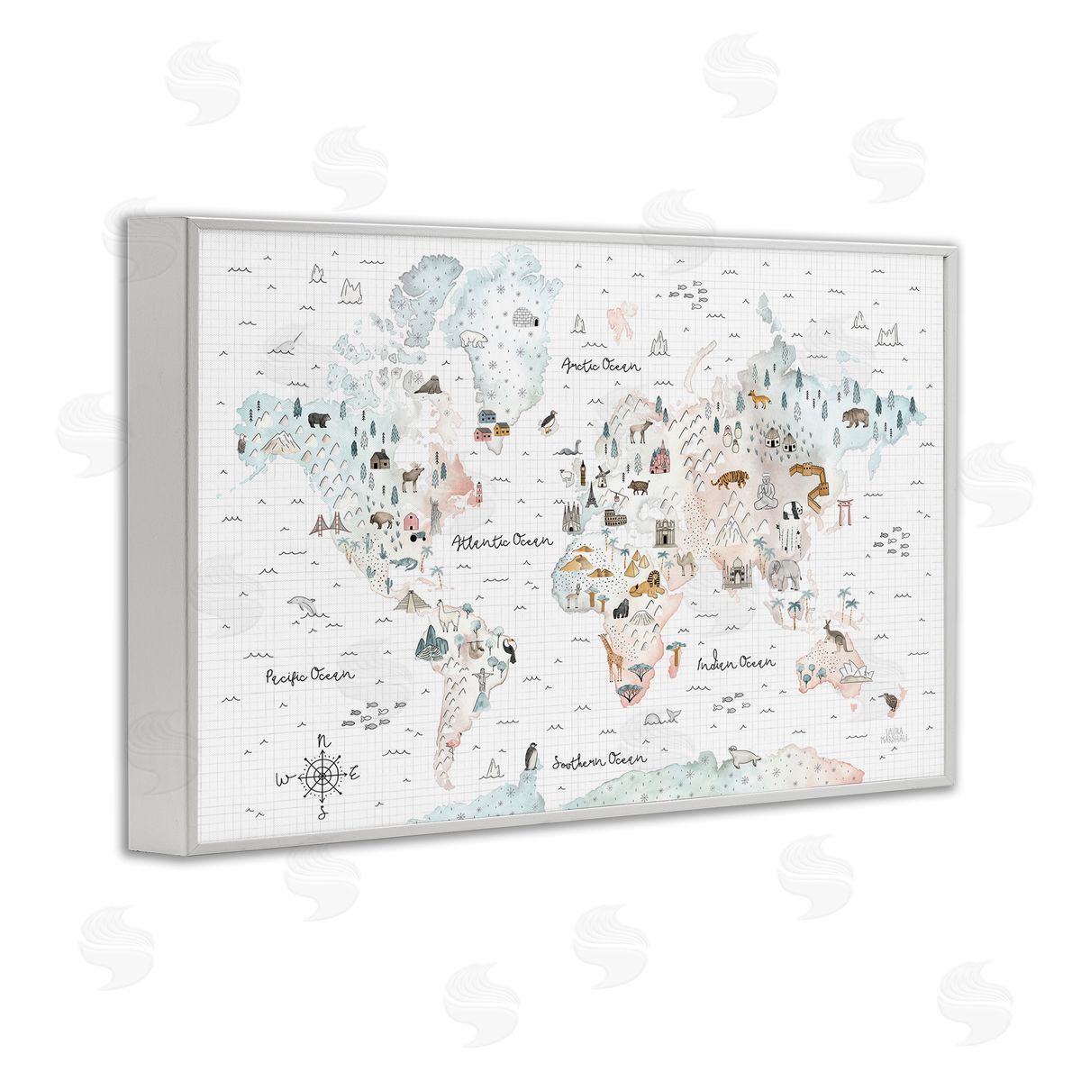 Whimsical World Traveler Map White Frame Print Wall Art, Home Decor by Laura Marshall