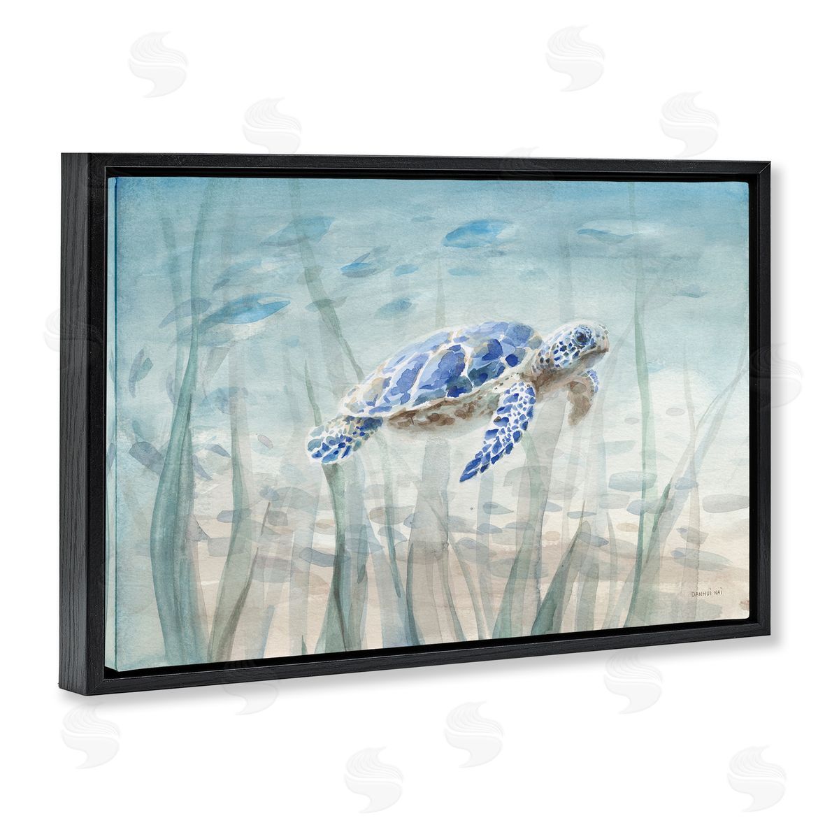 Undersea Turtle Swim Black Floating Frame Canvas Wall Art, Home Decor by Danhui Nai