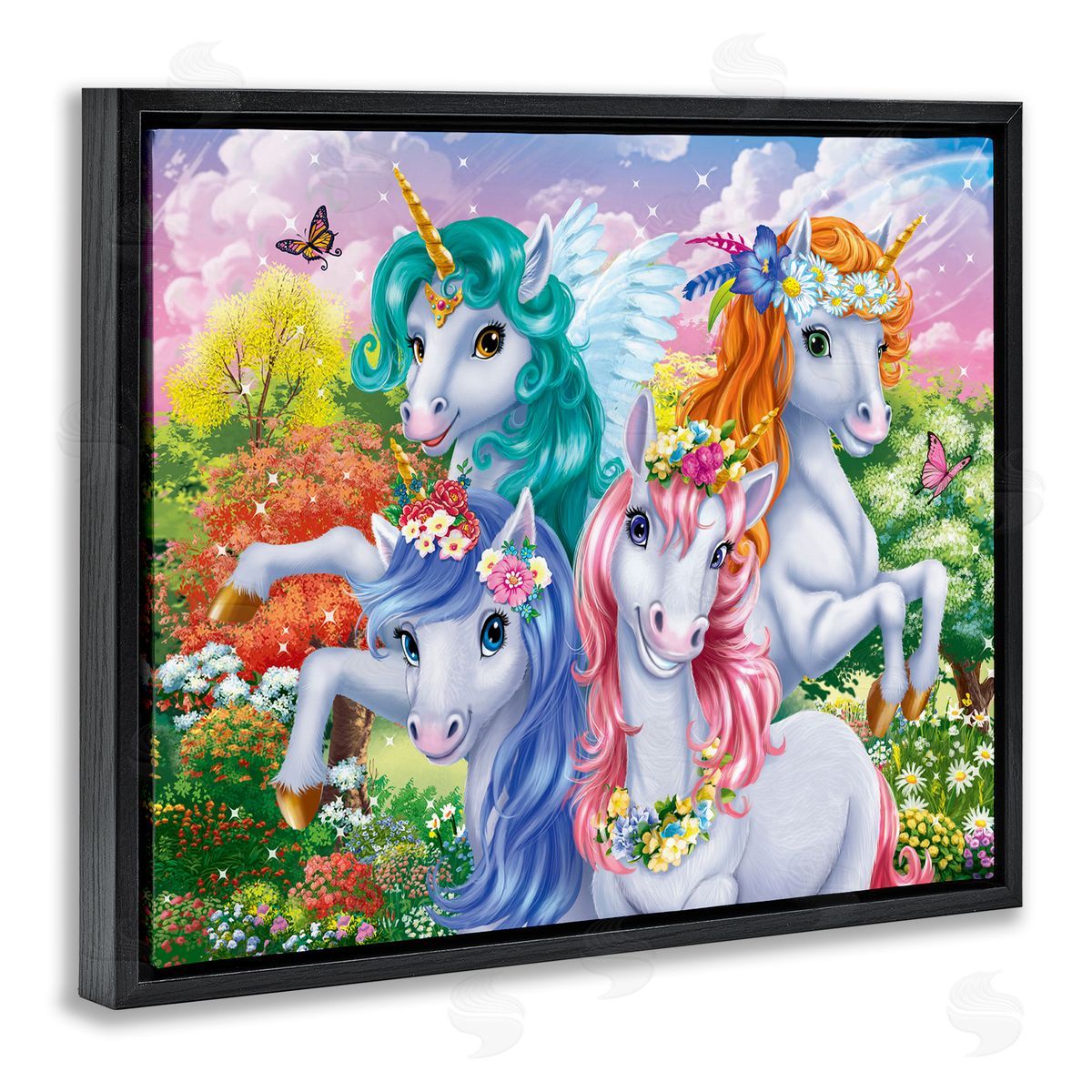 Cute Unicorn Selfie Black Floating Frame Canvas Wall Art, Home Decor by Image World